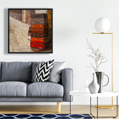 Nature morte sur toile encadrée marron – Décor de vieilles valises de voyage