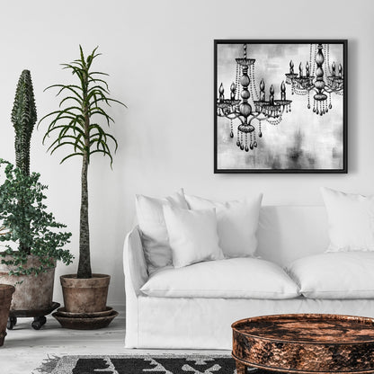 Deux lustres en cristal monochromes sur toile encadrée blanche