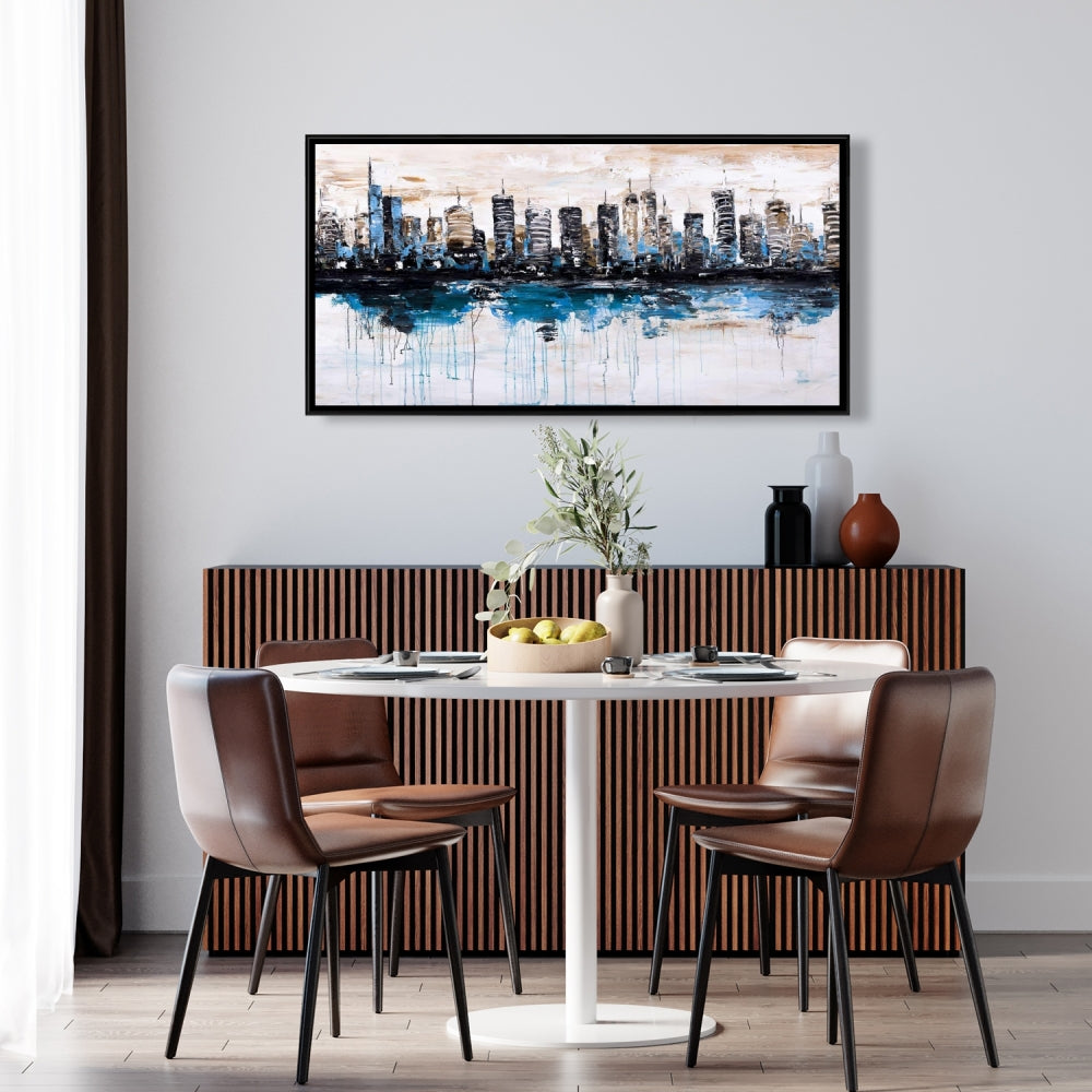 Abstract City on Water - Blue Framed Canvas | Home Decor