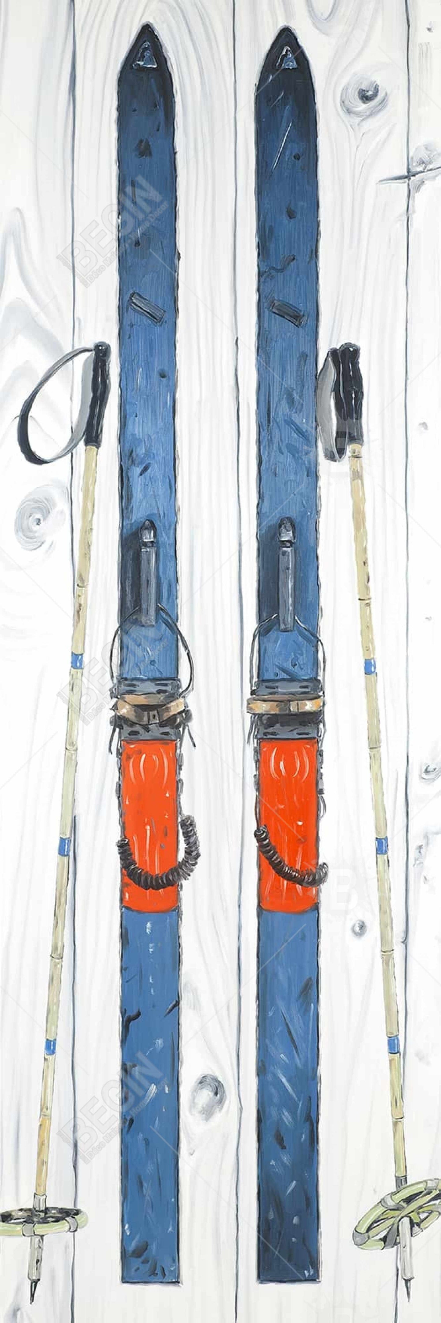 Toile de ski bleue vintage - Décoration murale encadrée bleue pour salon