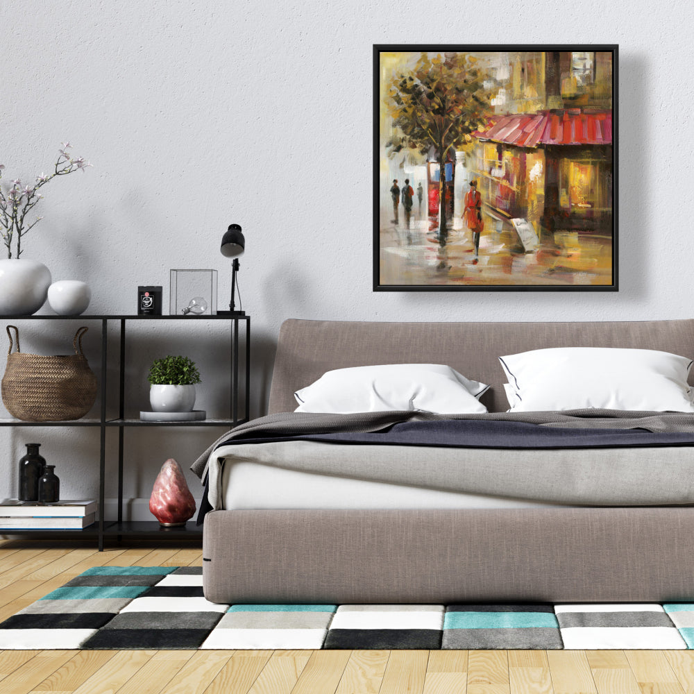Rue abstraite avec passants – Toile encadrée jaune pour décoration intérieure