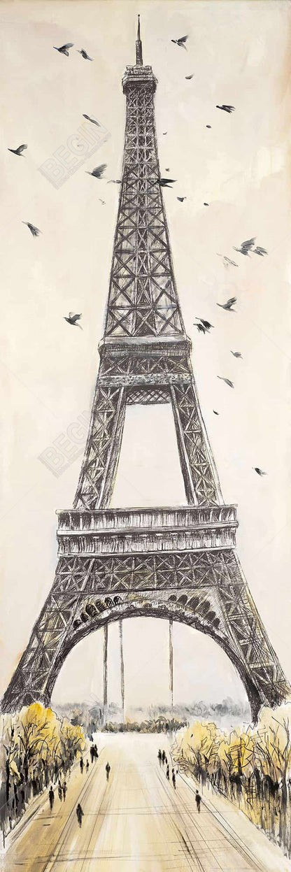 Toile Tour Eiffel avec oiseaux - Décoration murale grise pour chambre à coucher