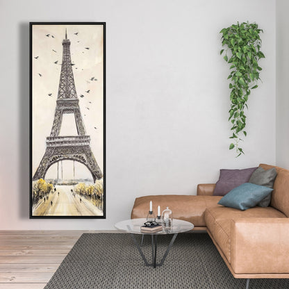Toile Tour Eiffel avec oiseaux - Décoration murale grise pour chambre à coucher