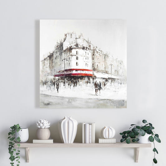 White Street Canvas - Red Accents | Modern Building Decor