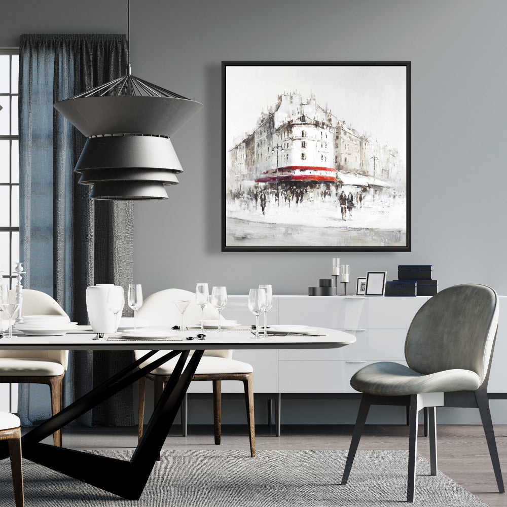 Modern White Street with Red Accents Framed Canvas Decor