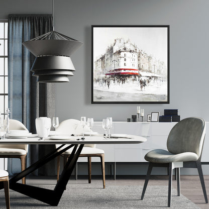 Modern White Street with Red Accents Framed Canvas Decor