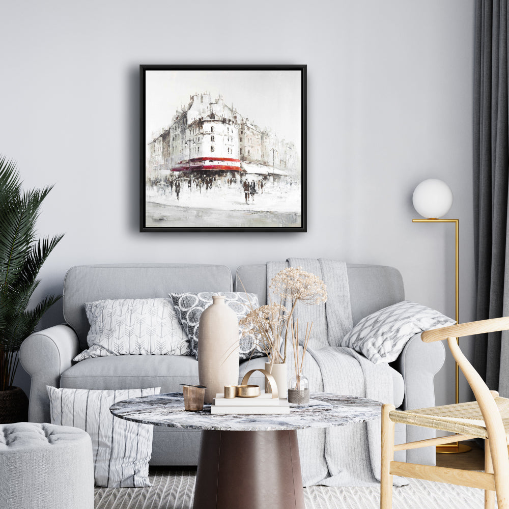 Modern White Street with Red Accents Framed Canvas Decor