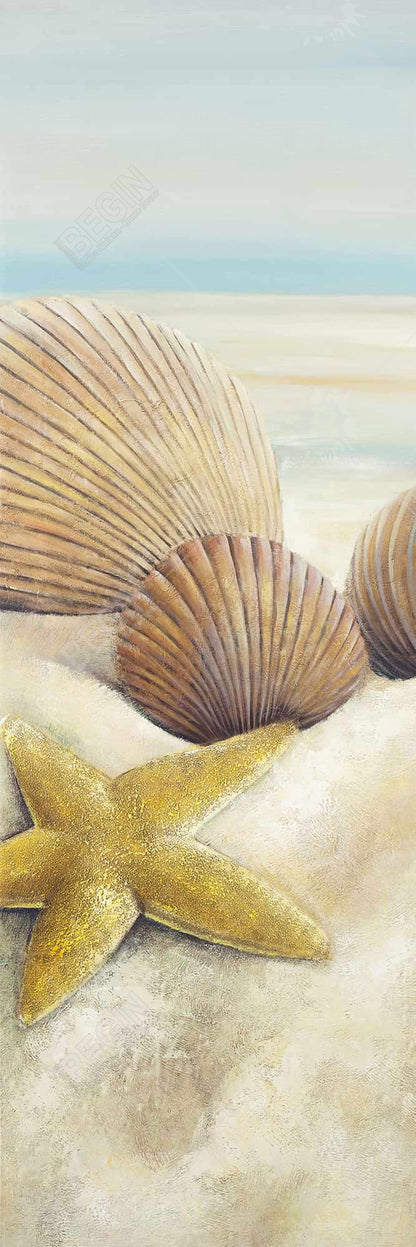 Blue Canvas Art - Starfish and Seashells Beach View Decor