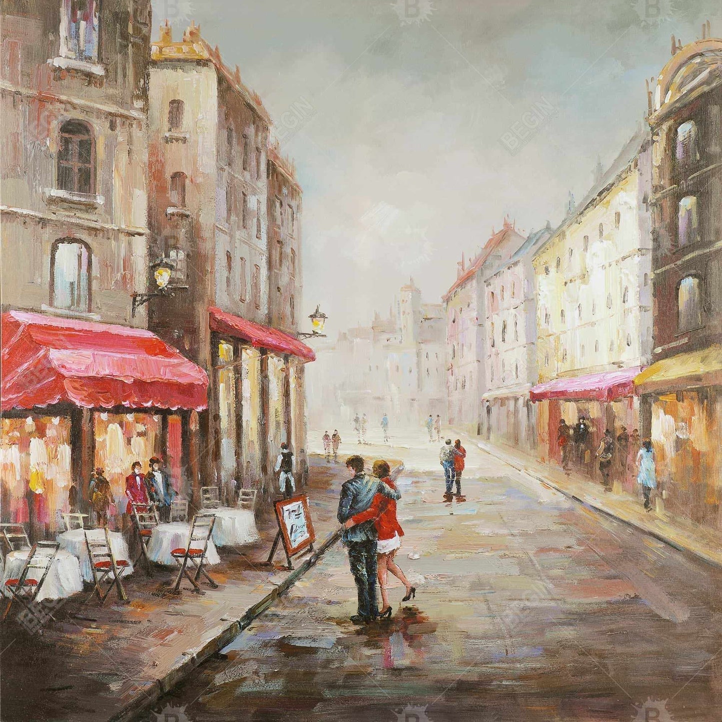 Toile « Couple marchant près d'une terrasse » | Décoration de chambre urbaine