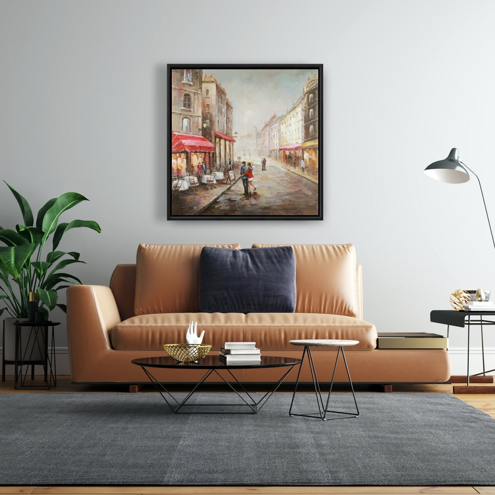 Toile « Couple marchant près d'une terrasse » | Décoration de chambre urbaine