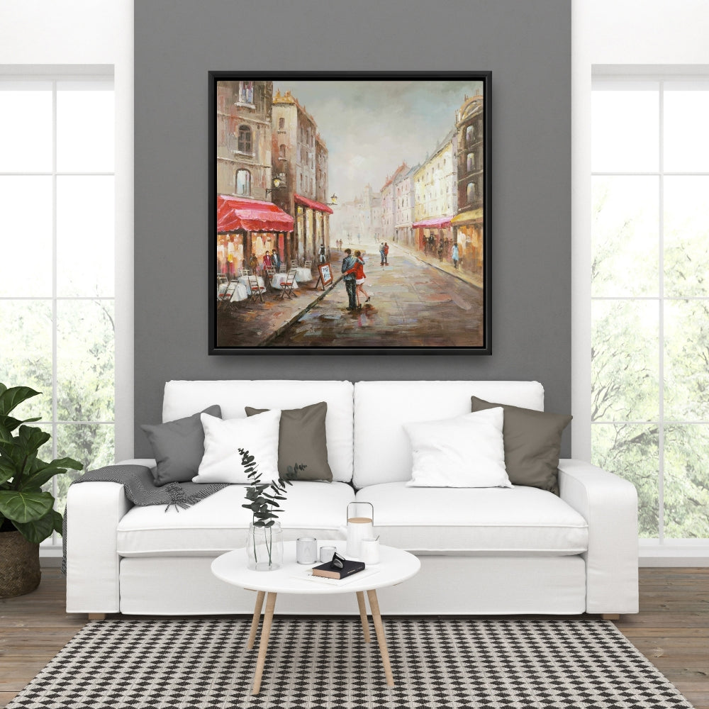 Toile « Couple marchant près d'une terrasse » | Décoration de chambre urbaine