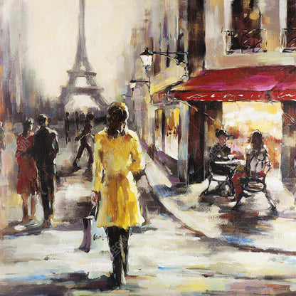 Toile jaune - Décoration de rue représentant une femme en manteau jaune