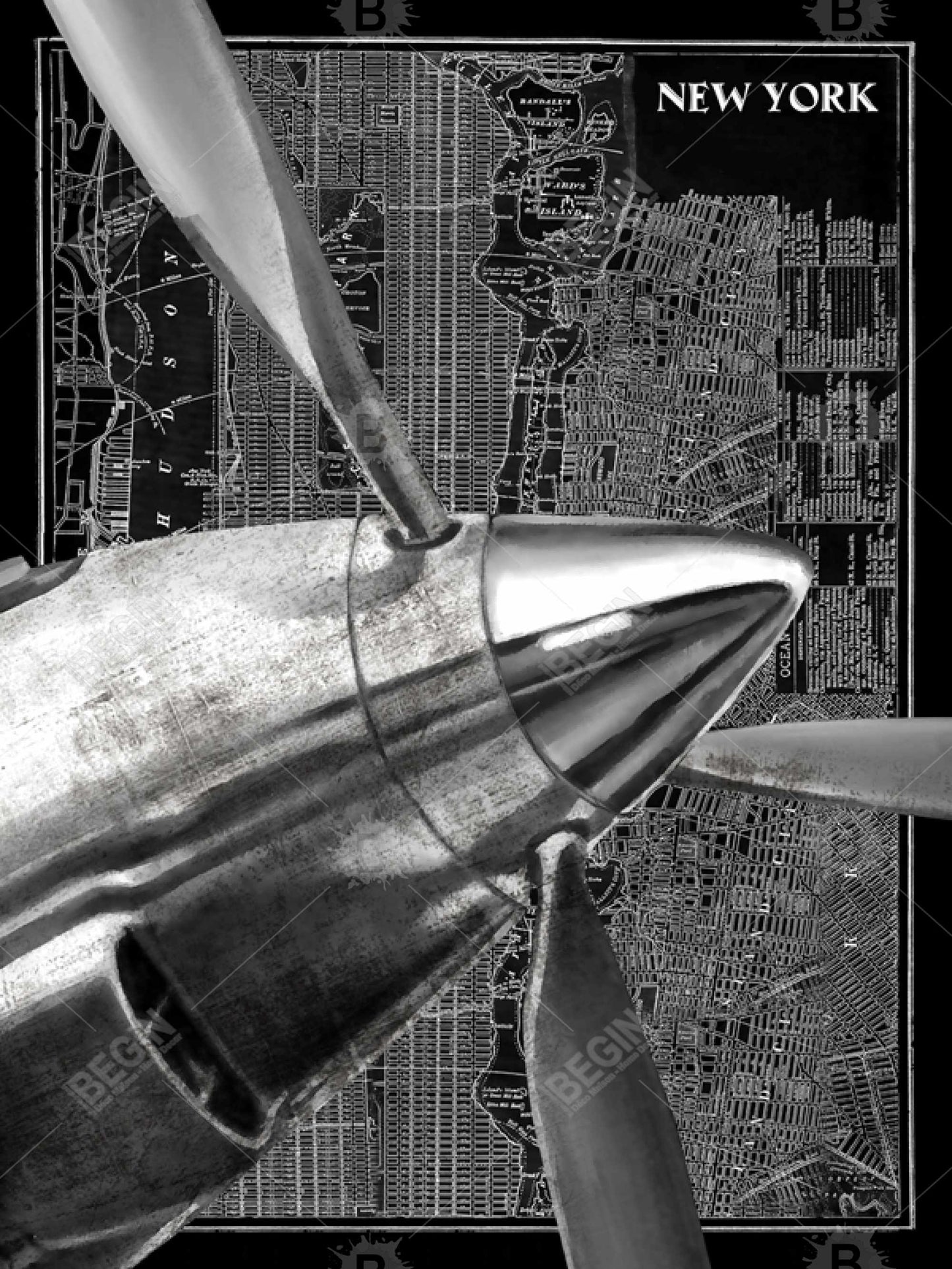 Toile « Avion au-dessus de New York » – Décoration murale moderne encadrée grise