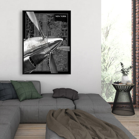 Airplane Over New York Canvas - Modern Gray Framed Wall Art