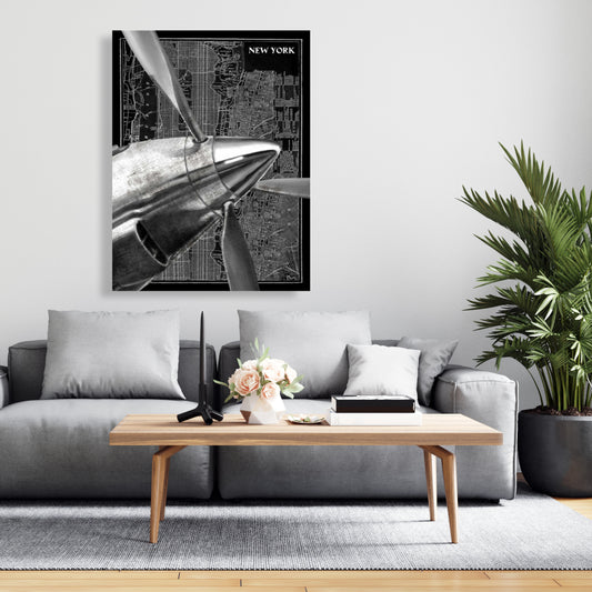 Airplane Over NYC Canvas | Modern Living Room Wall Art