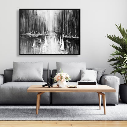 Bateaux en nuances de gris sur l'eau | Décoration de chambre monochrome sur toile