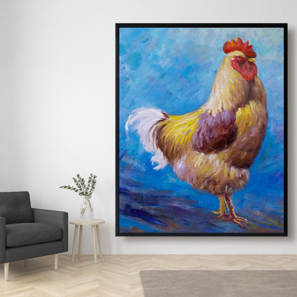 Magnifique toile représentant un coq de ferme - Décoration d'intérieur encadrée bleue