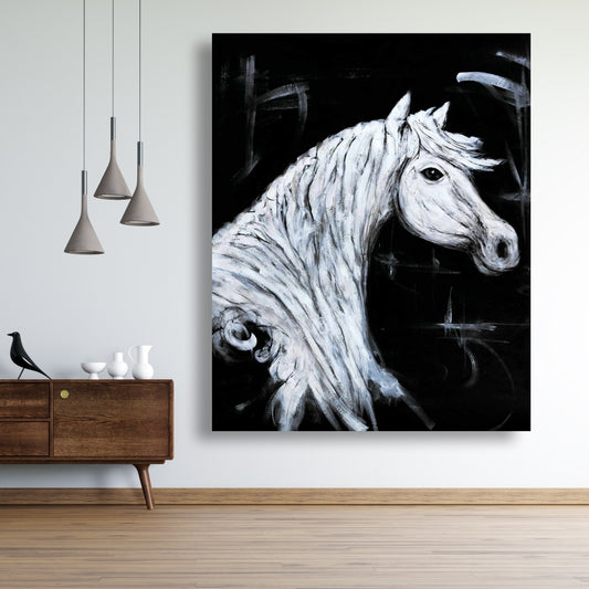 Horse Profile Canvas - White Farm Animal Art for Bedroom Decor