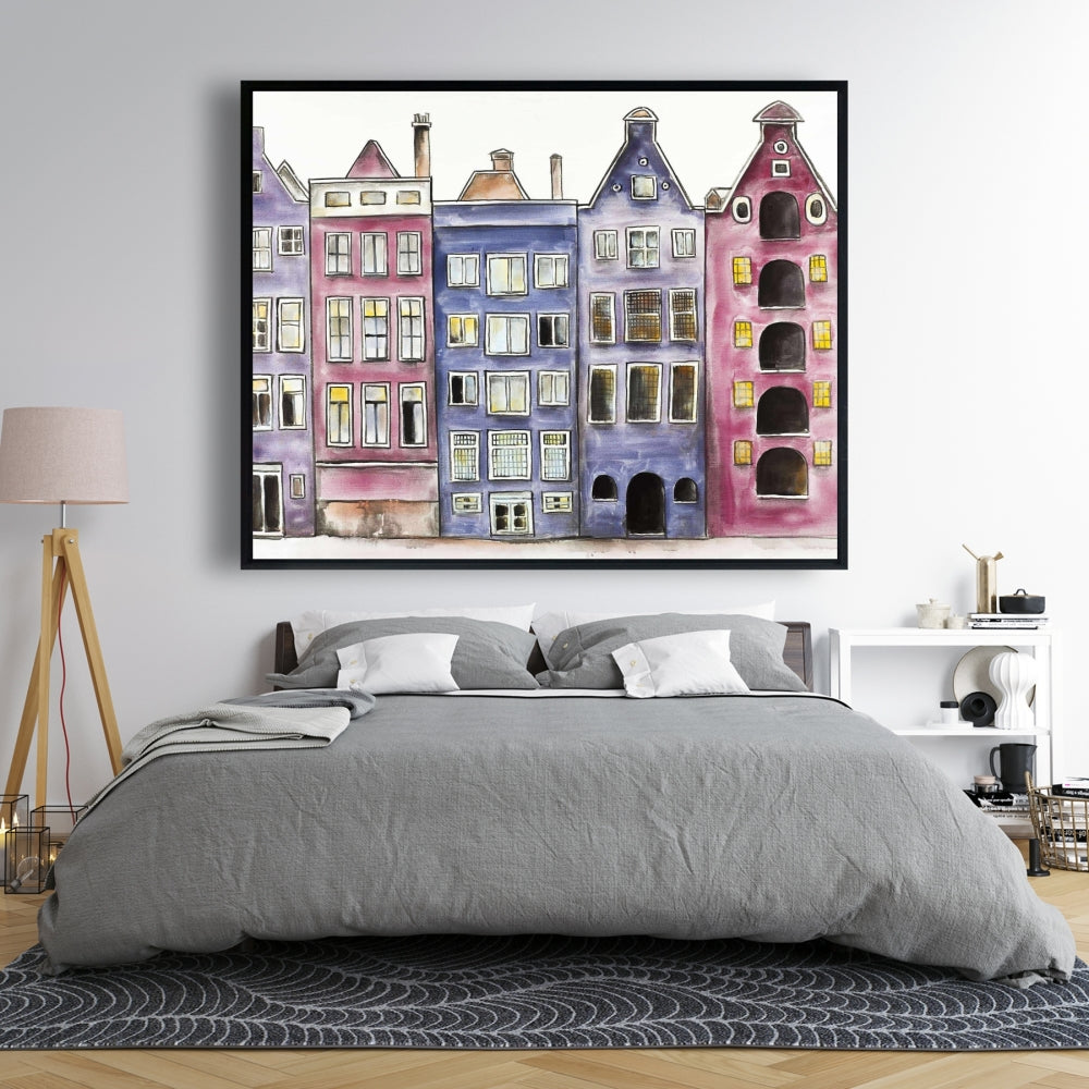 Toile « Maisons historiques d'Amsterdam » | Décoration murale encadrée violette