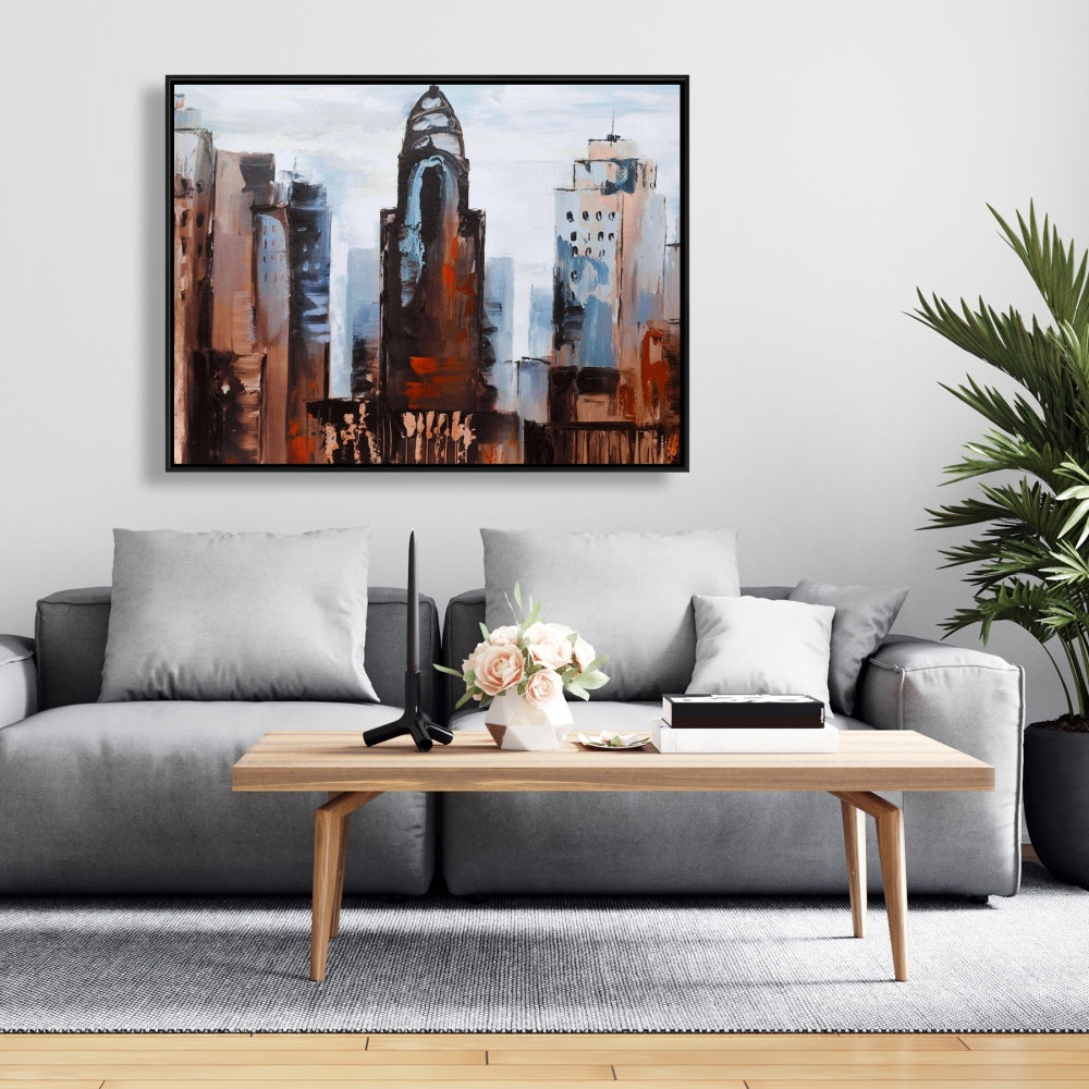 Sullen Day in the City Canvas - Blue Framed Wall Art Decor