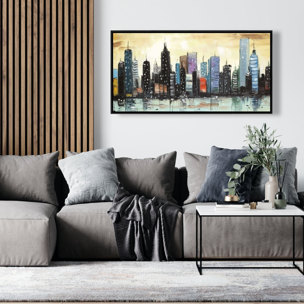 Blue Skyline Abstract Cityscape | Framed Canvas Home Decor