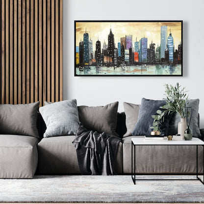 Blue Skyline Abstract Cityscape | Framed Canvas Home Decor