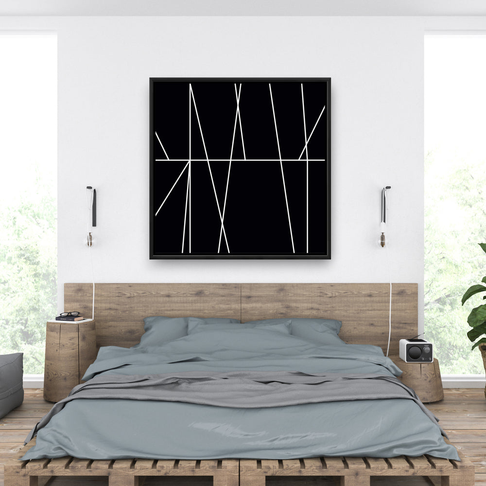 Toile encadrée : Rayures blanches sur fond noir – Décoration d'intérieur moderne