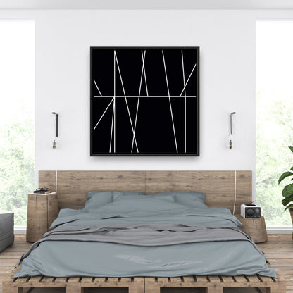 Toile encadrée : Rayures blanches sur fond noir – Décoration d'intérieur moderne