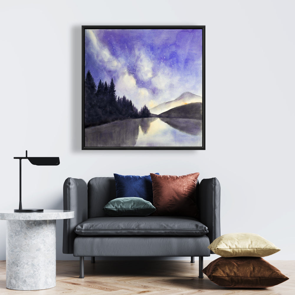 Vue étoilée sur le lac | Toile encadrée « Montagnes violettes »