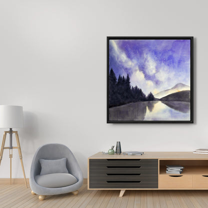 Vue étoilée sur le lac | Toile encadrée « Montagnes violettes »