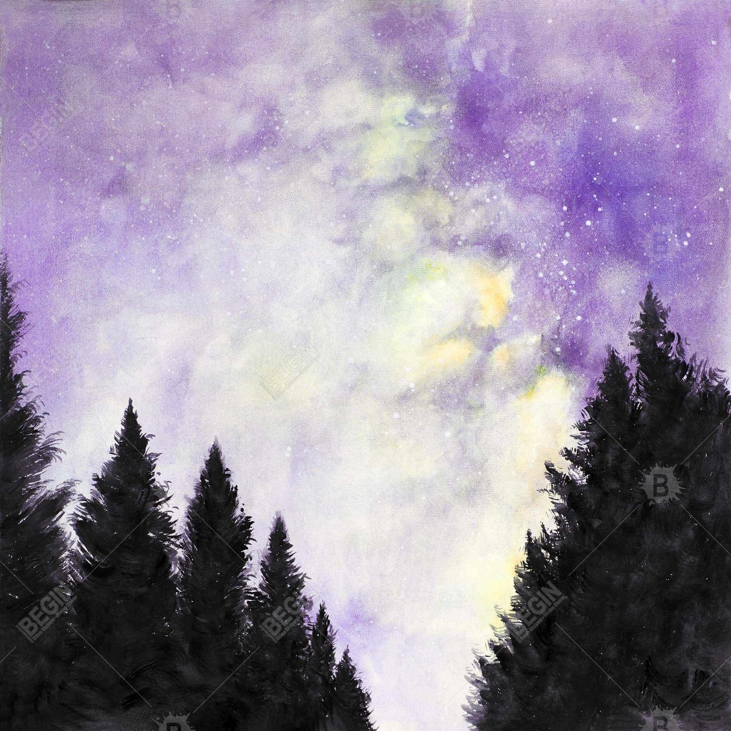 Purple Starry Sky Canvas | Framed Home Decor | Illustrative Trees