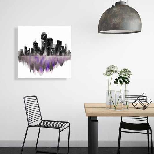 Toile aquarelle violette, paysage urbain | Décoration d'intérieur industrielle