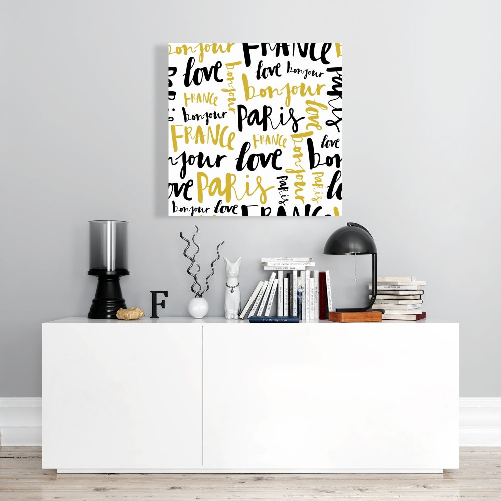 Bonjour Paris Canvas - Yellow Typography Wall Art for Bedroom