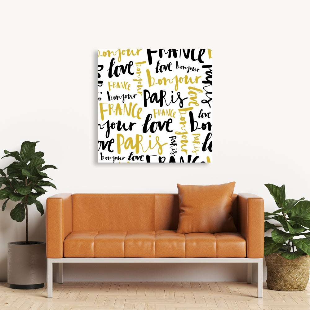 Bonjour Paris Canvas - Yellow Typography Wall Art for Bedroom