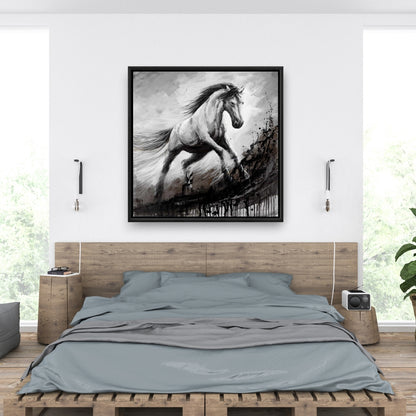 White Horse in the Wind - Rustic White Framed Canvas Decor