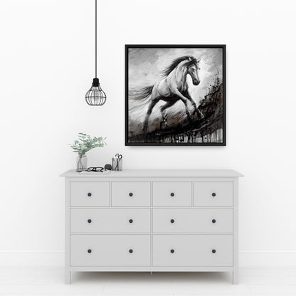 White Horse in the Wind - Rustic White Framed Canvas Decor