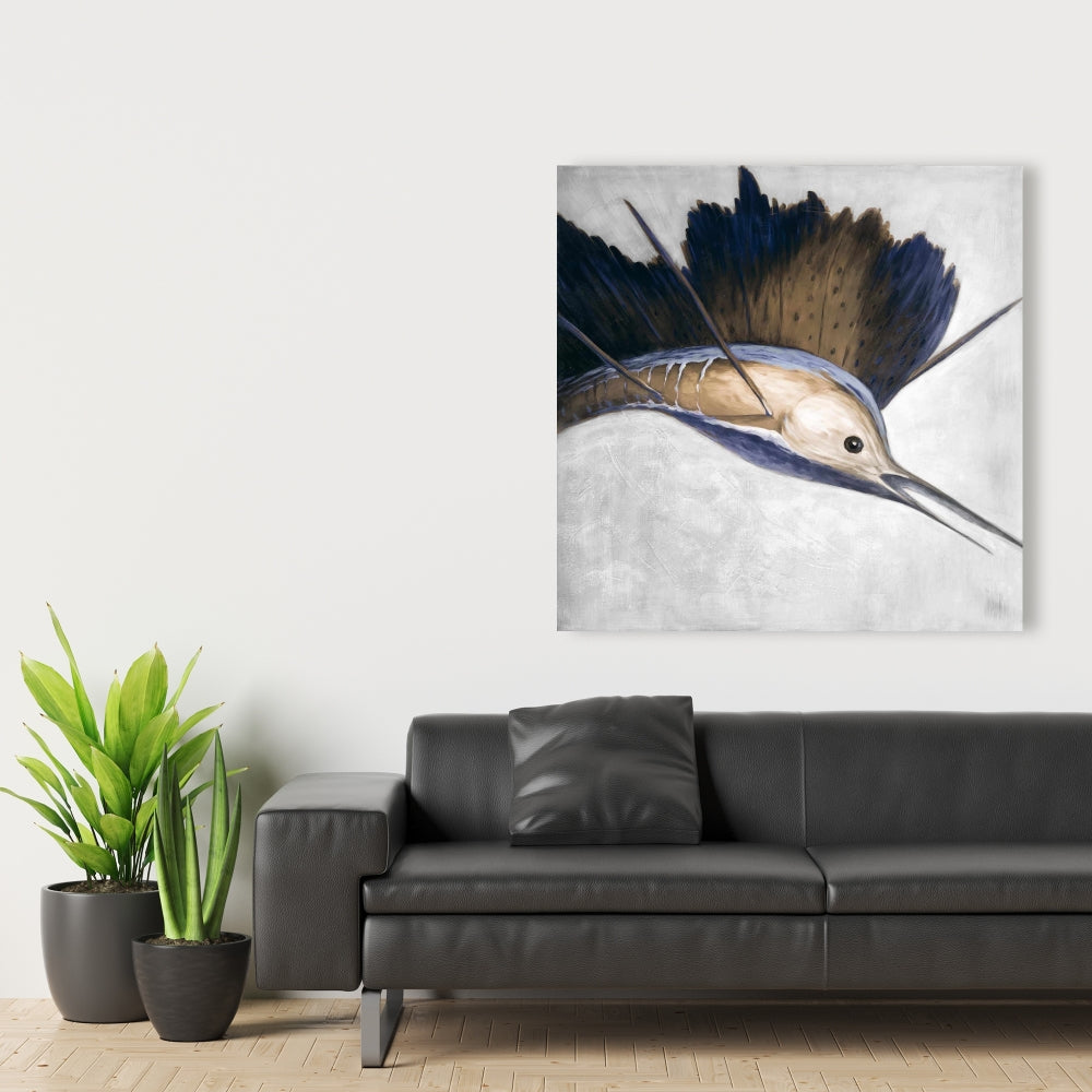 Abstract Swordfish Canvas - Marine Blue Bathroom Wall Art