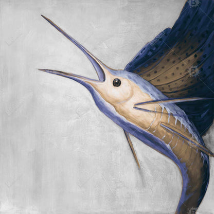 Toile marine représentant un espadon doré | Décoration murale encadrée bleue