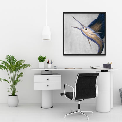 Toile marine représentant un espadon doré | Décoration murale encadrée bleue