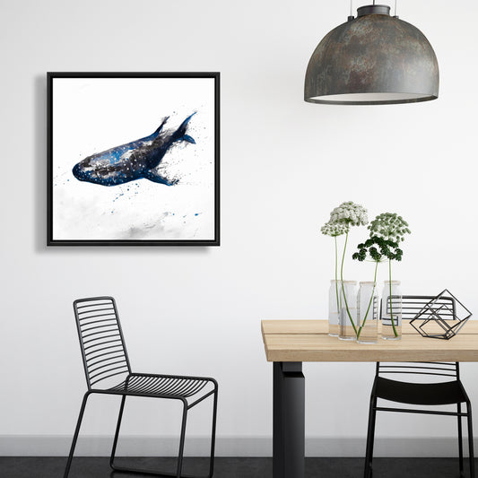 Toile abstraite représentant un requin-baleine | Décoration marine pour salle de bain bleue