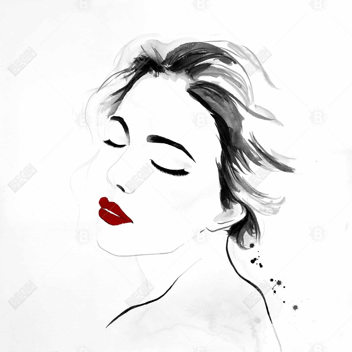 Right Side Watercolor Serenely Lady Portrait - White Canvas Decor