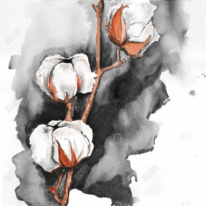 Toile botanique blanche pour bureau | Fleurs de coton sur fond noir
