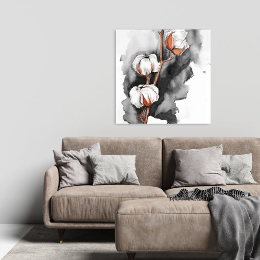 White Office Botanical Canvas | Cotton Flowers Black Background