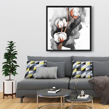 Toile noire à fleurs de coton | Décor botanique floral blanc