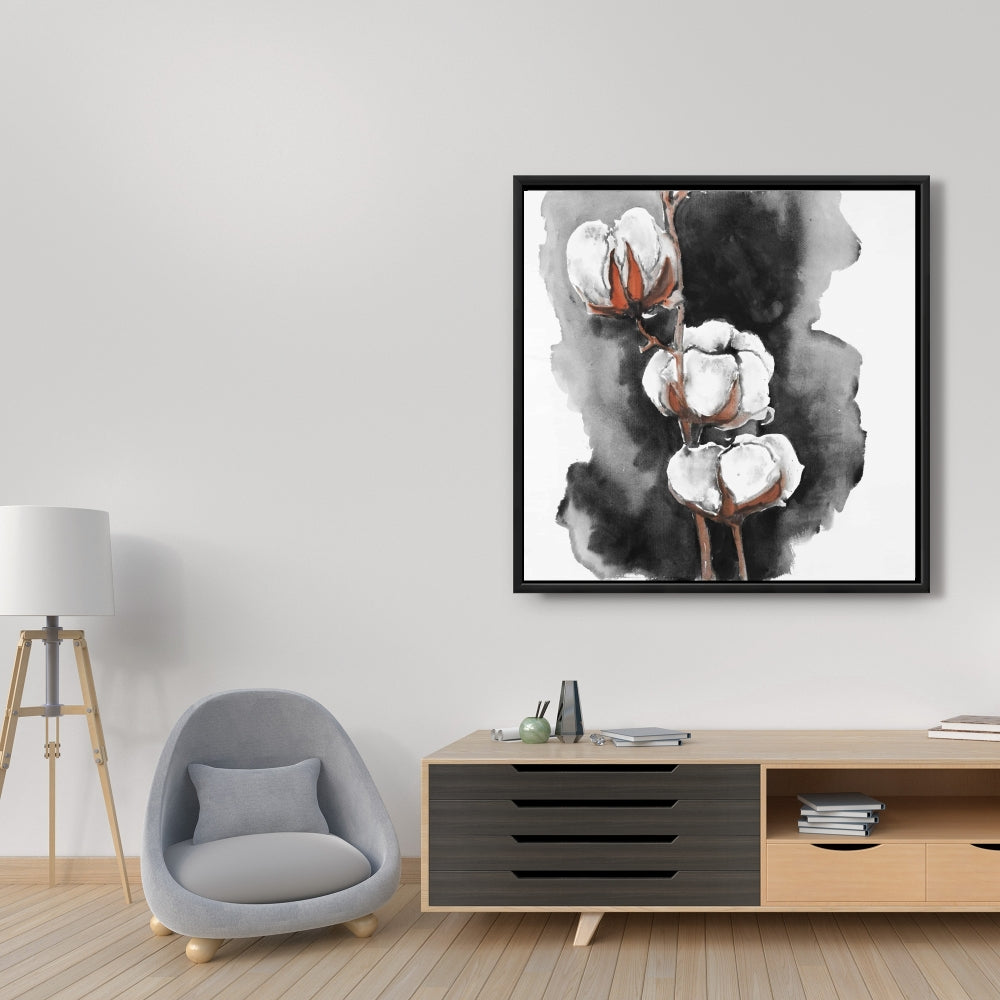 Minimalist Botanical Watercolor Cotton Flowers Framed Canvas