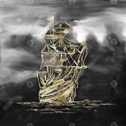 Toile dorée « Petit bateau à voile » | Décoration encadrée de bateau noir