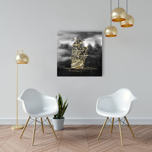 Toile dorée « Petit bateau à voile » | Décoration murale noire pour salle de bain