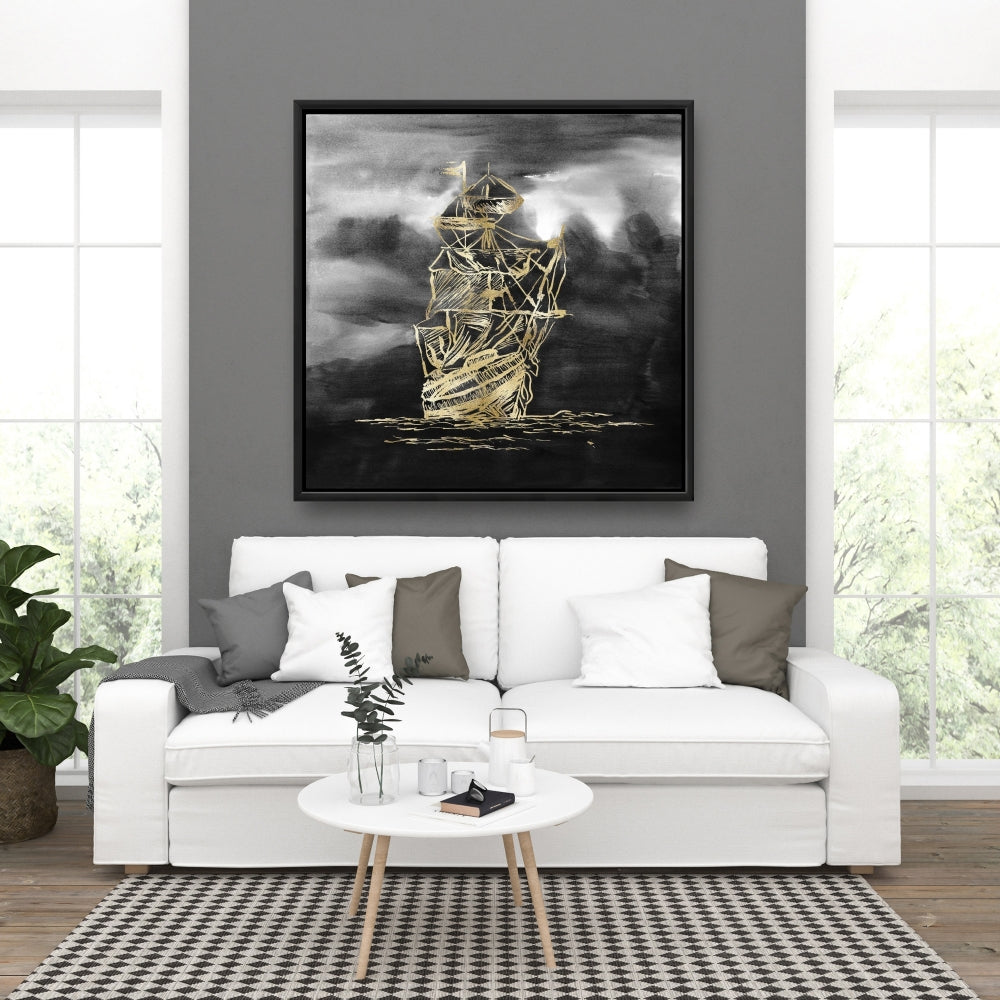 Toile dorée « Petit bateau à voile » | Décoration encadrée de bateau noir