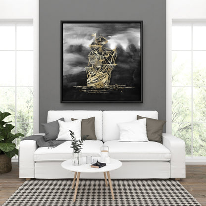 Toile dorée « Petit bateau à voile » | Décoration encadrée de bateau noir