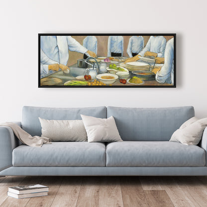 Toile encadrée « Chefs cuisiniers au travail » | Décoration de cuisine contemporaine